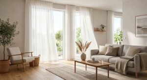 Cortinas ligeras aportan luminosidad y calidez al salón.