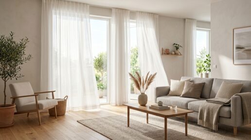 Cortinas ligeras aportan luminosidad y calidez al salón.