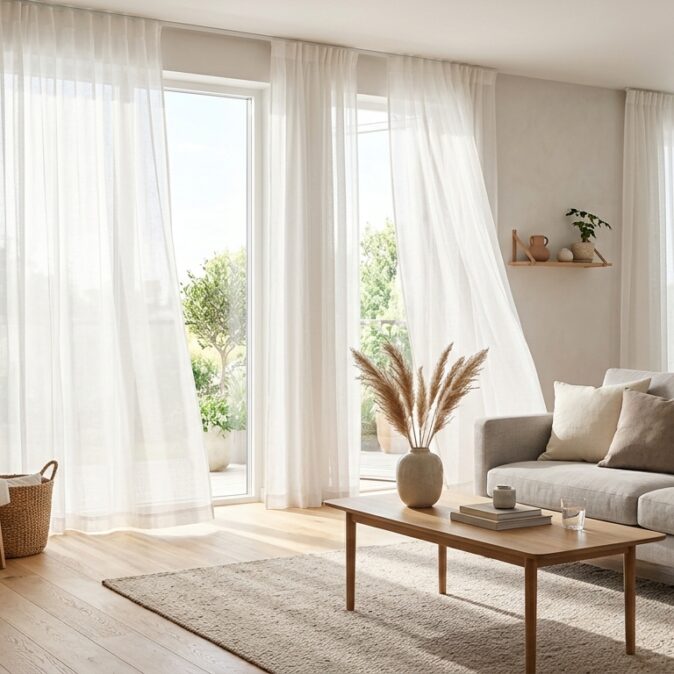 Cortinas ligeras aportan luminosidad y calidez al salón.