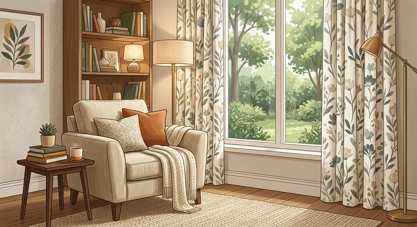 Cortinas con patrón sutil para un rincón acogedor.